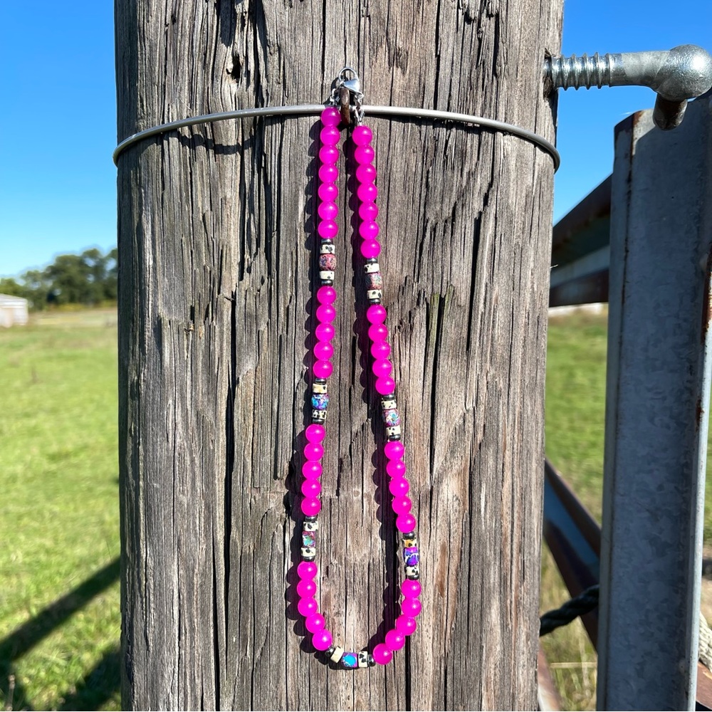 Handmade Hot Pink Beaded Necklace | Cow Print Dalmatian Jasper Purple Jasper